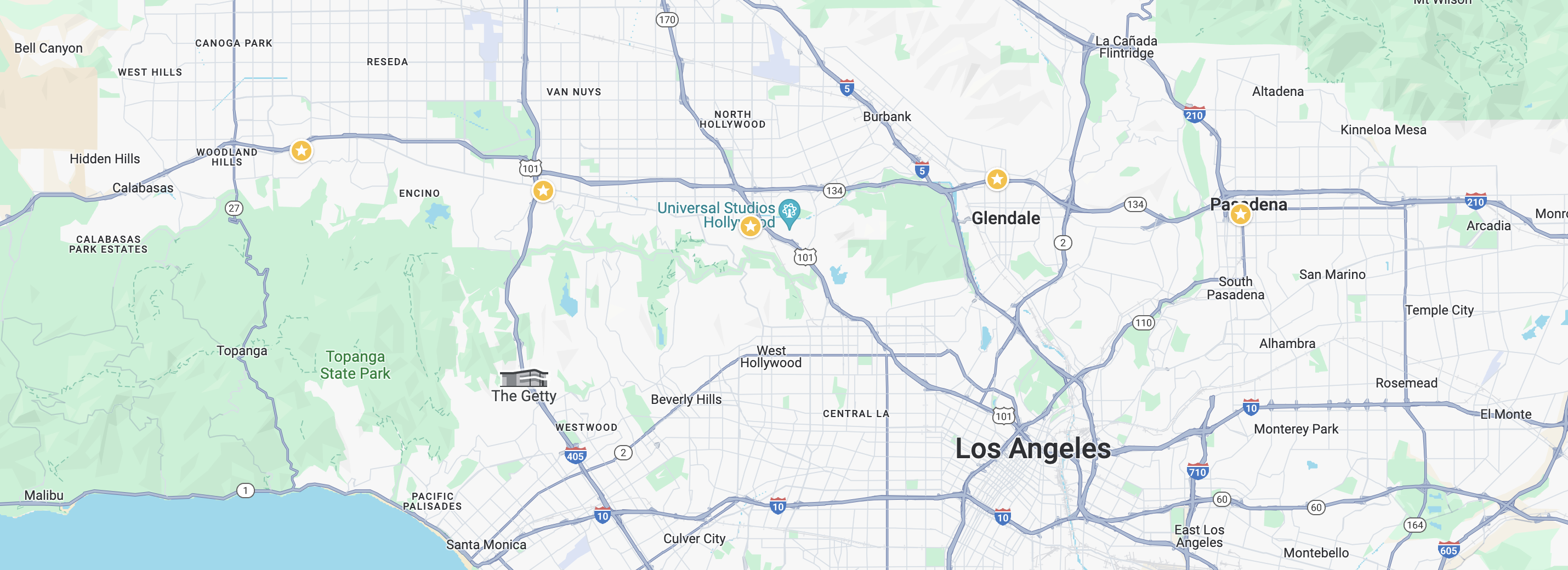 Map of Los Angeles showing major locations including Universal Studios Hollywood, downtown, and surrounding areas with teen counseling centers.